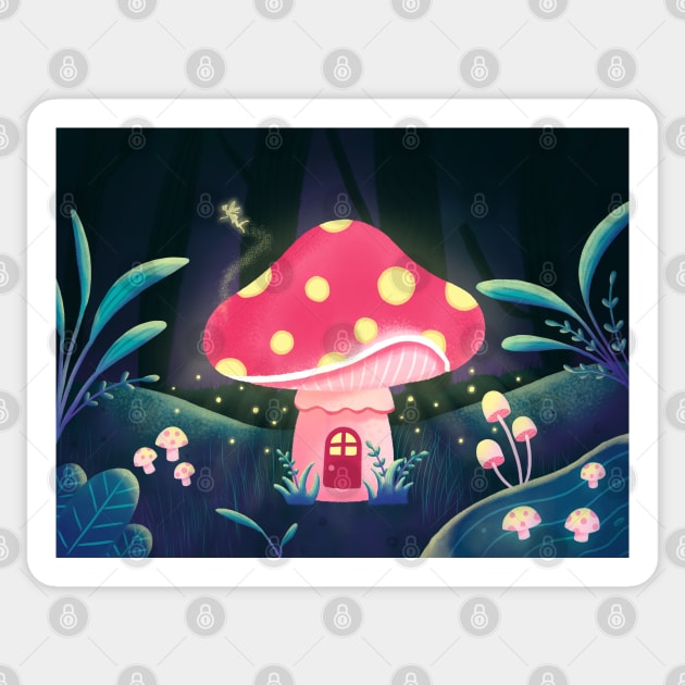 Mushroom House in a Magical World Sticker by lisanisafazrin